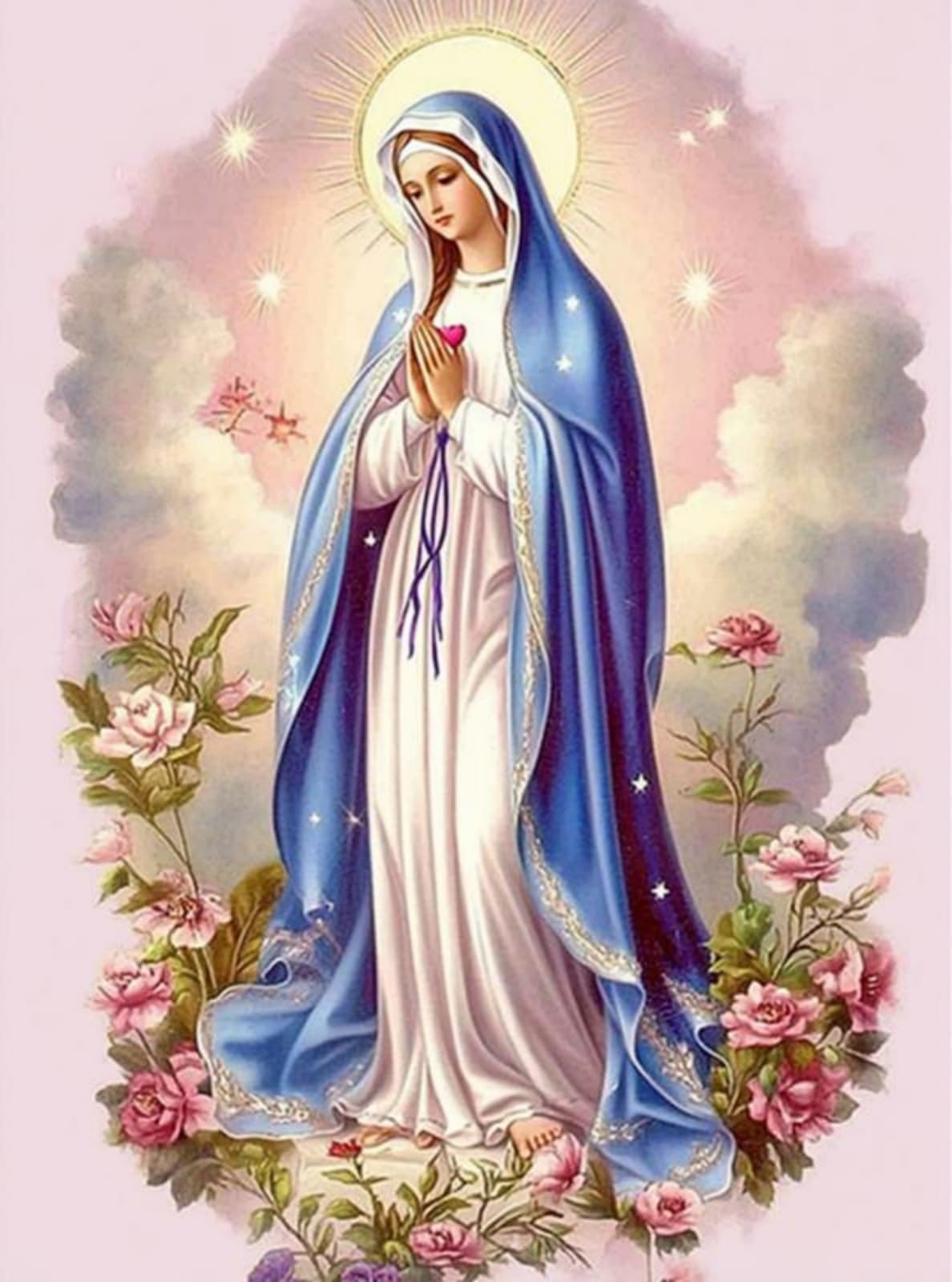 F-CANLAN Round Full Drill Diamond Painting Kit, 5D DIY Virgin Mary Prayer Paint with Diamonds God Flower Diamond Painting with Gem for Adult Rhinestone Diamond Art Room Decor (12X16 inches) F-CANLAN