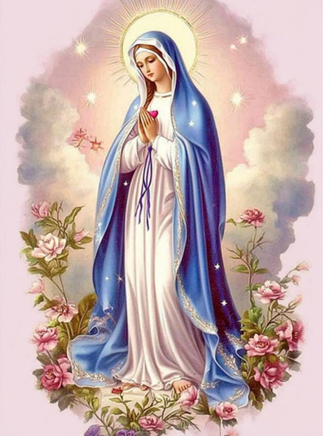 F-CANLAN Round Full Drill Diamond Painting Kit, 5D DIY Virgin Mary Prayer Paint with Diamonds God Flower Diamond Painting with Gem for Adult Rhinestone Diamond Art Room Decor (12X16 inches) F-CANLAN