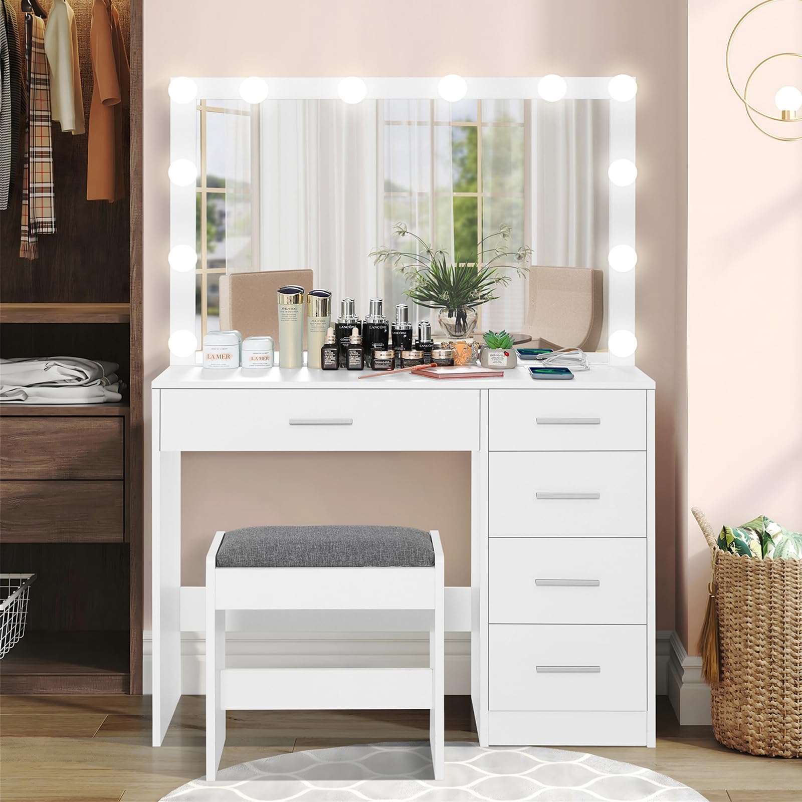 usikey Makeup Vanity with 12 Lights, Vanity Desk with Power Outlet, Makeup Vanity Table with 5 Drawers, Large Mirror, Dressing Vanity Table with Stool for Bedroom, Bathroom, White - WoodArtSupply