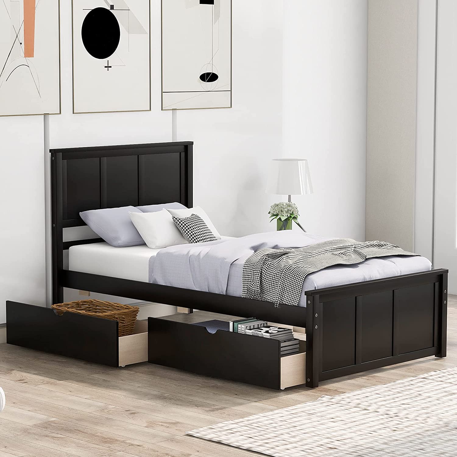 Harper & Bright Designs Twin Bed with Storage Drawers, Solid Wood Platform Bed Frame with Headboard - Espresso - WoodArtSupply