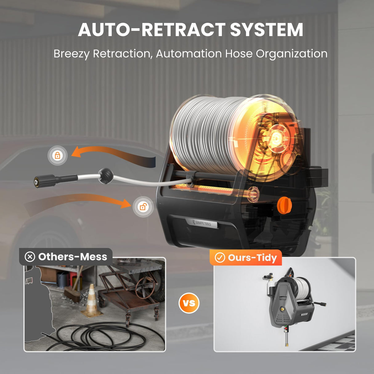 Giraffe Tools Grandfalls Pressure Washer Plus+, Electric Wall Mount Power Washer with 100FT Ultra-Soft Pressure Hoses, 2400PSI, 2.0GPM, 4 Nozzles, Foam Cannon for Cars/Patios, Dark Silver Giraffe Tools