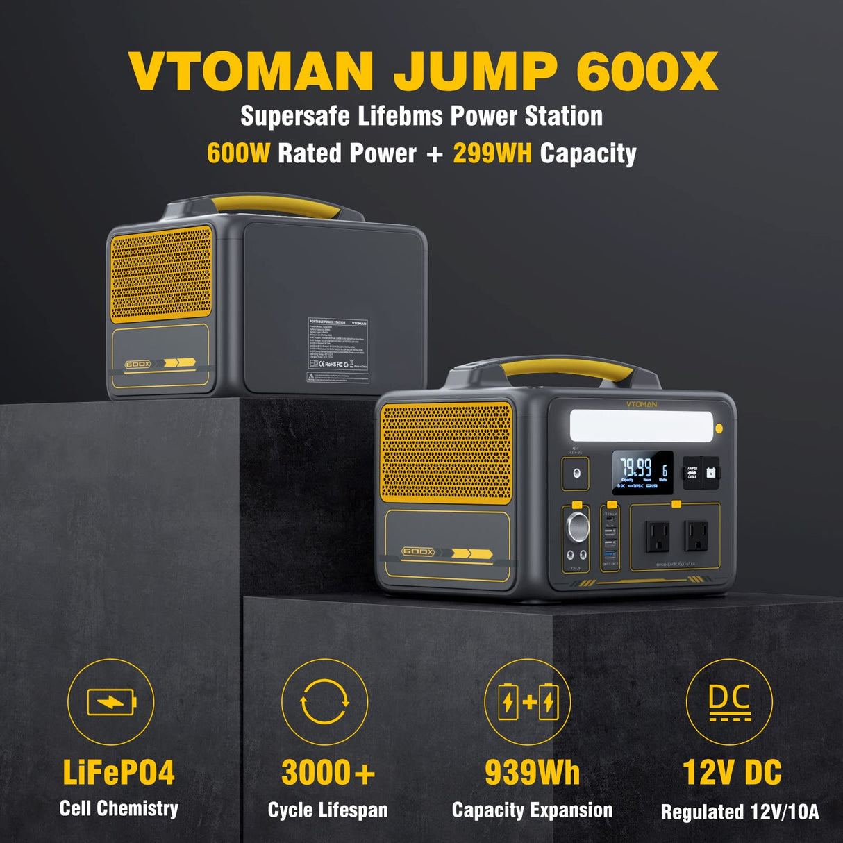 VTOMAN 600W Portable Power Station, LFP Battery Powered Generator with 2x 600W AC Outlets (Surge 1200W), 4x USB ports, 3x DC Output for Outdoor Camping, Vehicle Emergency, Electric Backup VTOMAN