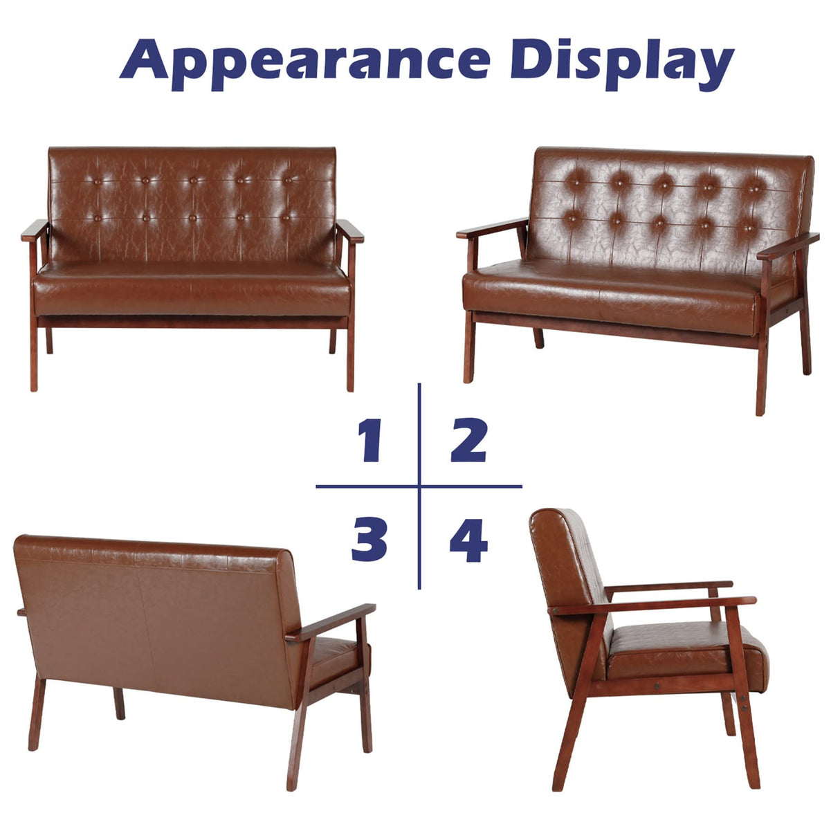 JIASTING Mid Century Modern Loveseat Sofa with Wooden Arms Leather Office Couch 2-Seat Wood Love Seat Lounge Armchair Living Room Bedroom, Waiting Room Sofa, 50”W (Leather, Brown Loveseat N) JIASTING