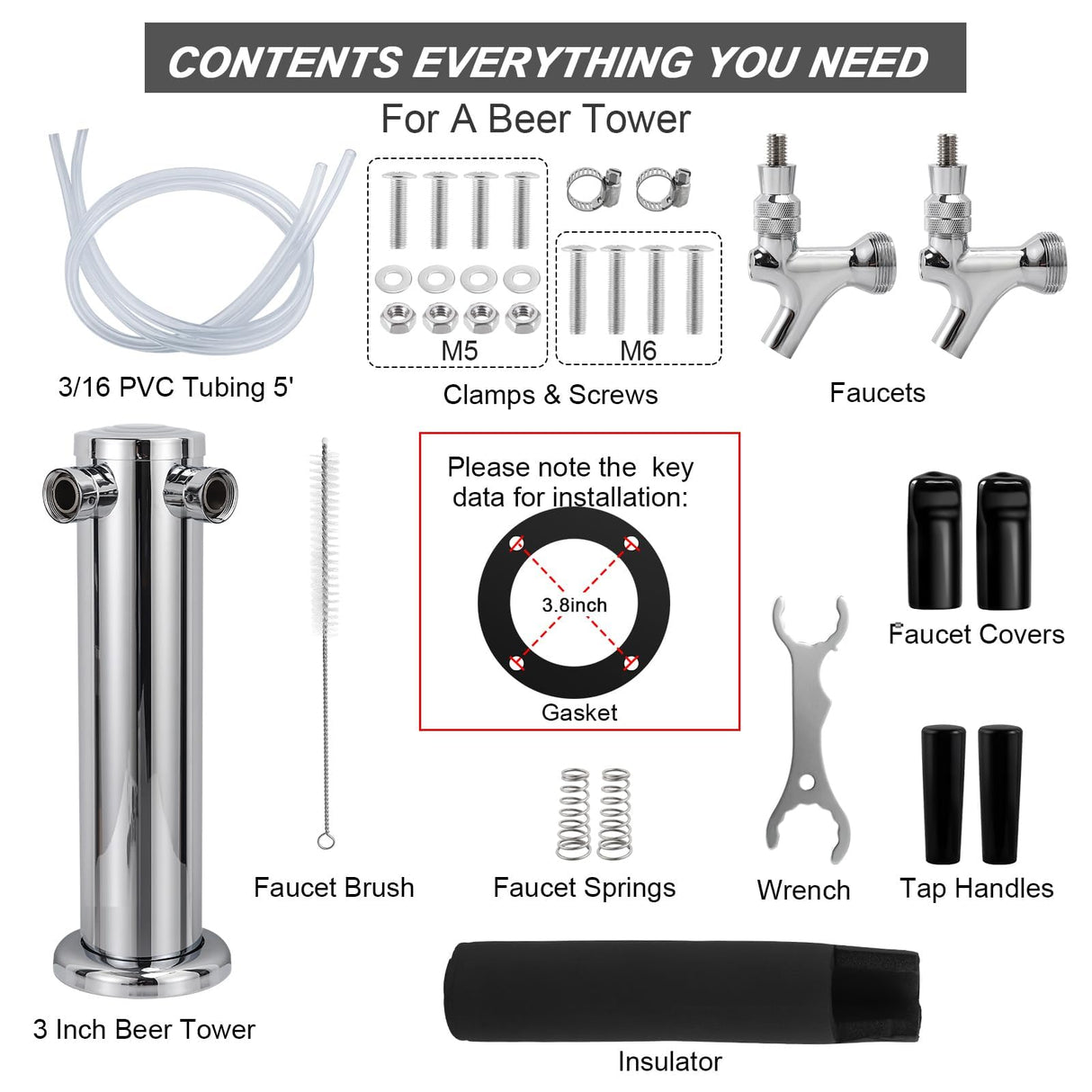 FERRODAY Kegerator Tower Dual Faucet Beer Tower Double Tap Beer Tower Dispenser Beer Tap Kegerator Parts Stainless Steel Tower Brass Faucet Stainless Core Pre-assembled Lines 3" Keg Tower Beer Keg Tap Ferroday