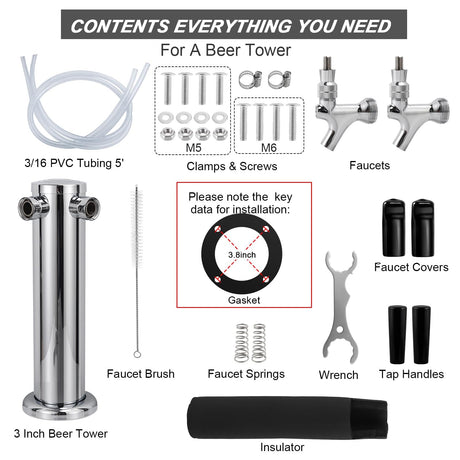 FERRODAY Kegerator Tower Dual Faucet Beer Tower Double Tap Beer Tower Dispenser Beer Tap Kegerator Parts Stainless Steel Tower Brass Faucet Stainless Core Pre-assembled Lines 3" Keg Tower Beer Keg Tap Ferroday