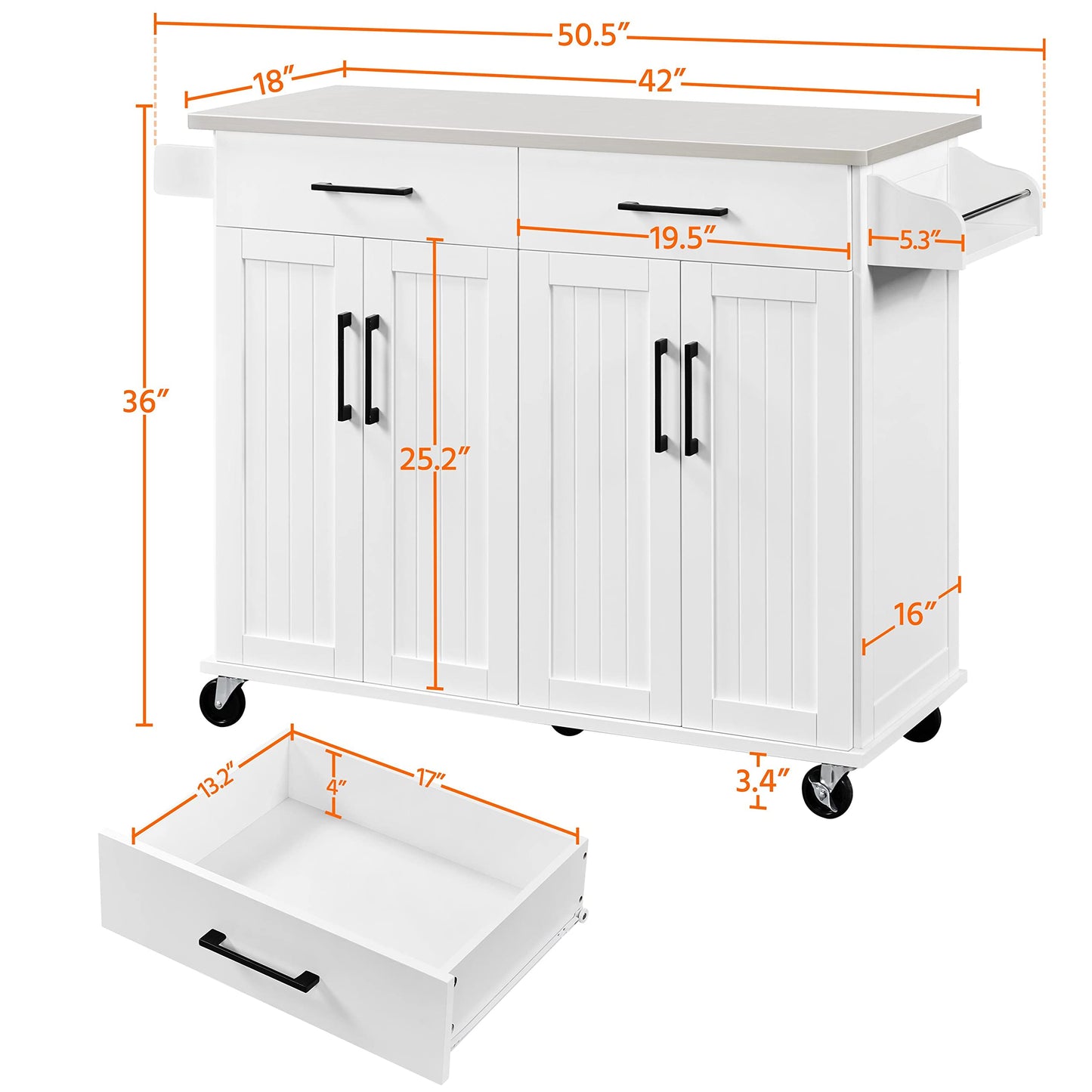 Yaheetech Kitchen Island Cart with Storage & Stainless Steel Countertop, Portable Kitchen Island on Wheels with Cabinet & Adjustable Shelves & 2 Drawers, Rolling Island Table for Kitchen, White