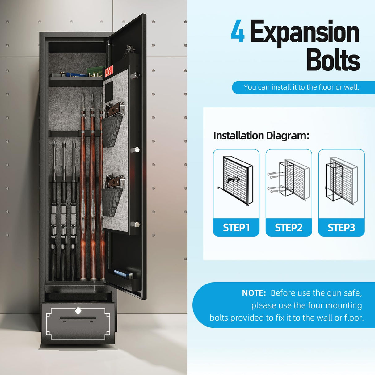 SAPITAL 6 Gun Safe,Gun Safe for Rifles and Pistols,Gun Cabinet for Rifles and Shotguns with Drawer,Electronic Rifle Safe,Gun Safes & Cabinets with LED Light, Removable Shelf and Gun Rack (6-gun safe) SAPITAL