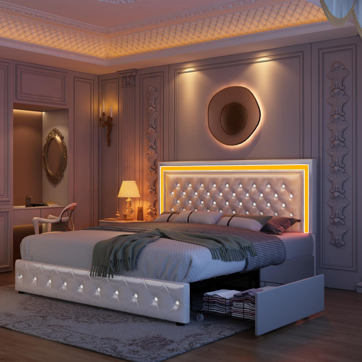 GEGOFORU PU White Queen Bed Frame with LED Lights and Spacious Storage Drawers GEGOFORU