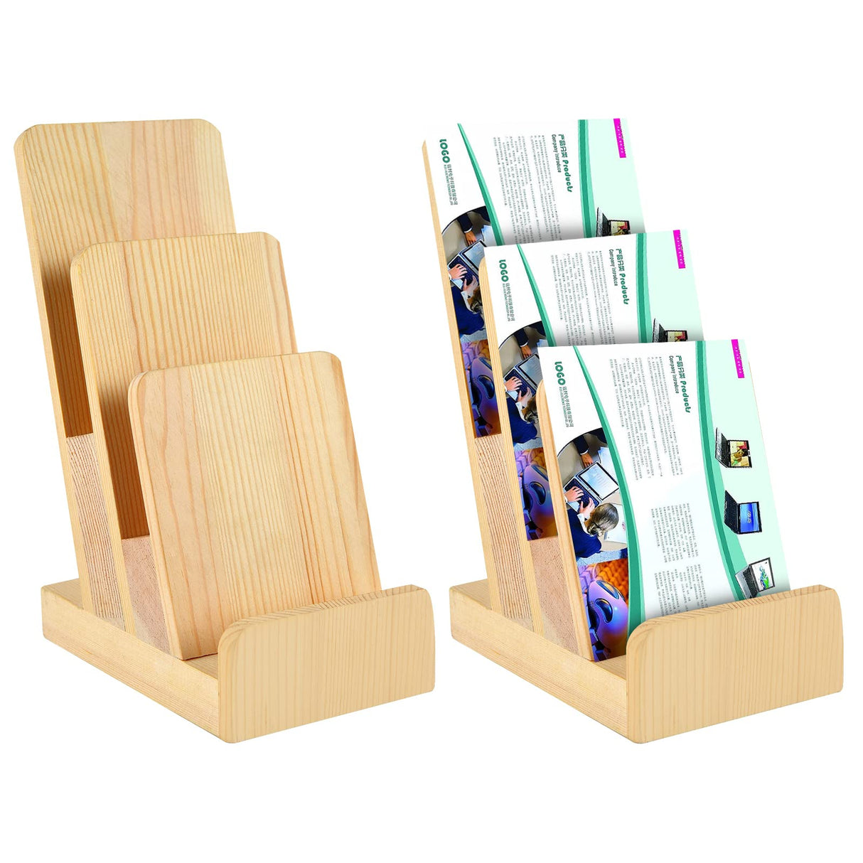 2 Pieces 3-Tier Pine Wood Literature Holder pamphlet display stand Trifold Brochure Organizer Flyer Holder Postcard Display and Countertop Wooden Display Stand Book Display for Magazine Pamphlet DOSTATNI