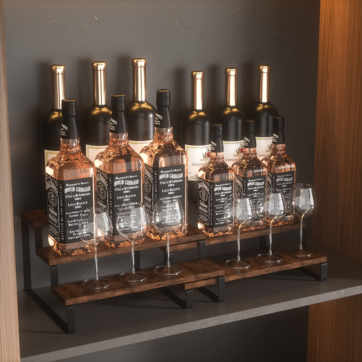 2 Pack 3 Tier Expandable Spice Rack Organizer (13.8” to 26”)Display Riser Stand, Kitchen Cabinet Countertop Pantry Coffee Bar Display Shelf for Spice, Liquor, Perfume, Makeup, Figure, Dolls Collection VOKEEH