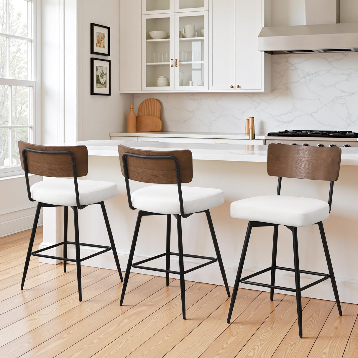 Bekrvio Counter Height Swivel Bar Stools Set of 3, Upholstered Faux Leather Barstools with Wood Backs and Metal Legs, 26" Seat Height Counter Bar Stool for Kitchen Island, White Bekrvio