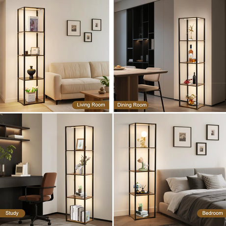 Weaboopre Display Shelf with Lights, 3 Color Temperature & Brightness Curio Collectible Floor Lamp with Shelves, Sturdy Metal Display Cabinet for Living Room, Bedroom, Office Decor Rustic Brown Weaboopre