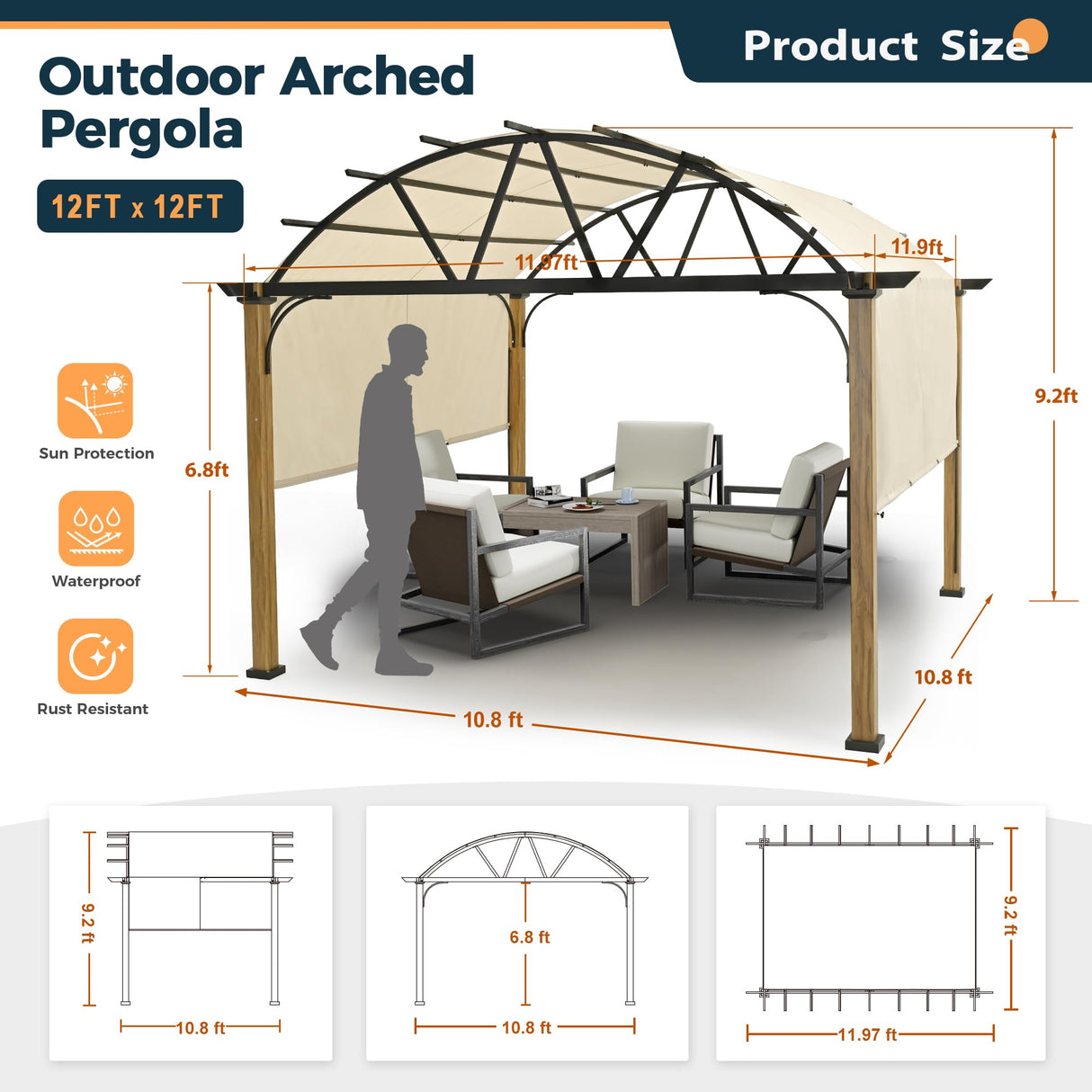 HAPPATIO 12' X 12' Outdoor Pergola with Sling Retractable Pergola Canopy, Wood-Like Aluminum Patio Pergola Shade Arched Pergola for Patio, Backyard, Garden,Poolside HAPPATIO