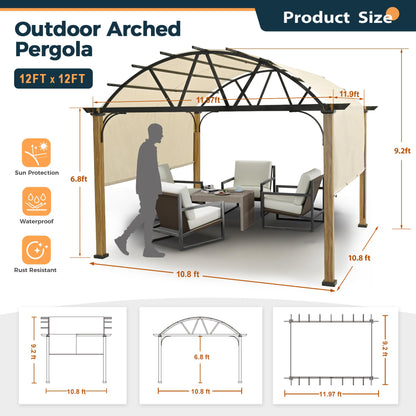 HAPPATIO 12' X 12' Outdoor Pergola with Sling Retractable Pergola Canopy, Wood-Like Aluminum Patio Pergola Shade Arched Pergola for Patio, Backyard, Garden,Poolside - WoodArtSupply