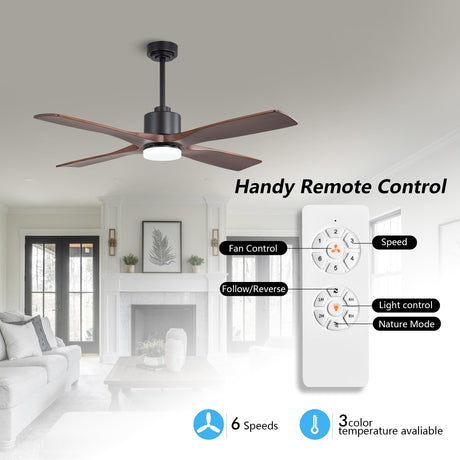 WINGBO 48 Inch DC Ceiling Fan with Lights and Remote Control, 4 Carved Solid Wood Blades, 6-Speed Noiseless Reversible DC Motor, Modern Ceiling Fan in Black Finish with Walnut Blades, ETL Listed WINGBO