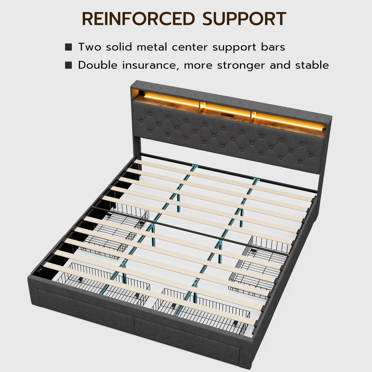 IKIFLY Dark Grey King Bed Frame with LED Storage Headboard, Charging Station & 4 Drawers IKIFLY