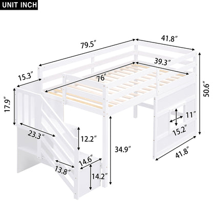 Harper & Bright Designs Twin Size Low Loft Bed with Playhouse and Storage Stairs in White - WoodArtSupply