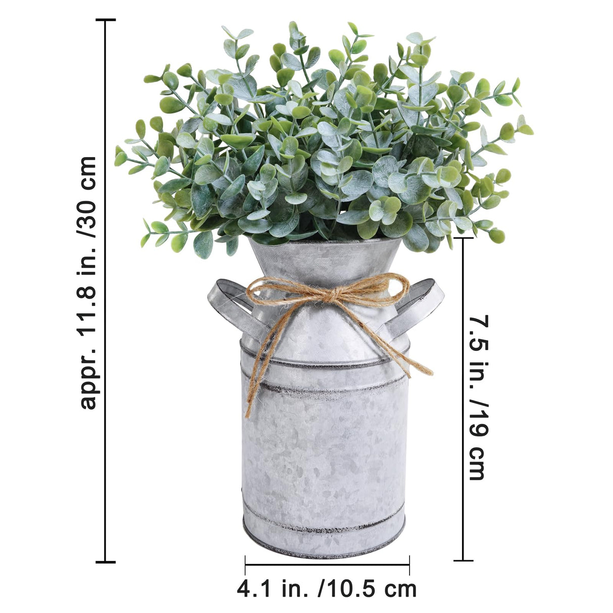 Winlyn Farmhouse Galvanized Metal Milk Can with Artificial Eucalyptus Greenery Arrangement Fake Plants Farmhouse Centerpieces 11.8" Tall for Rustic Country Wedding Home Table Tiered Tray Shelf Décor Winlyn