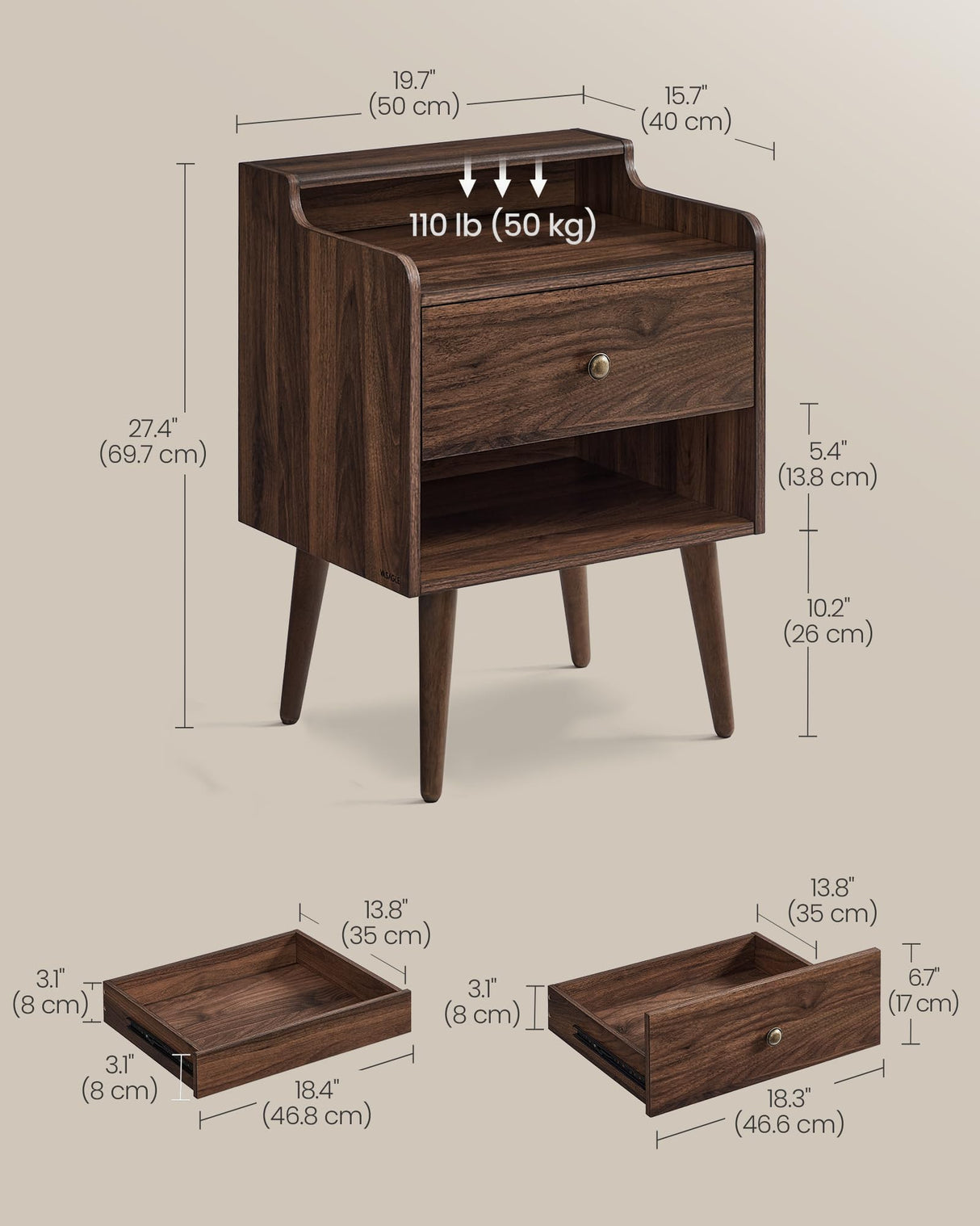 VASAGLE Nightstands, Set of 2, Bedside Tables with Hidden Drawers, Mid-Century End Tables with Solid Wood Legs, Side Tables for Bedroom, Natural Walnut ULET624K01 VASAGLE