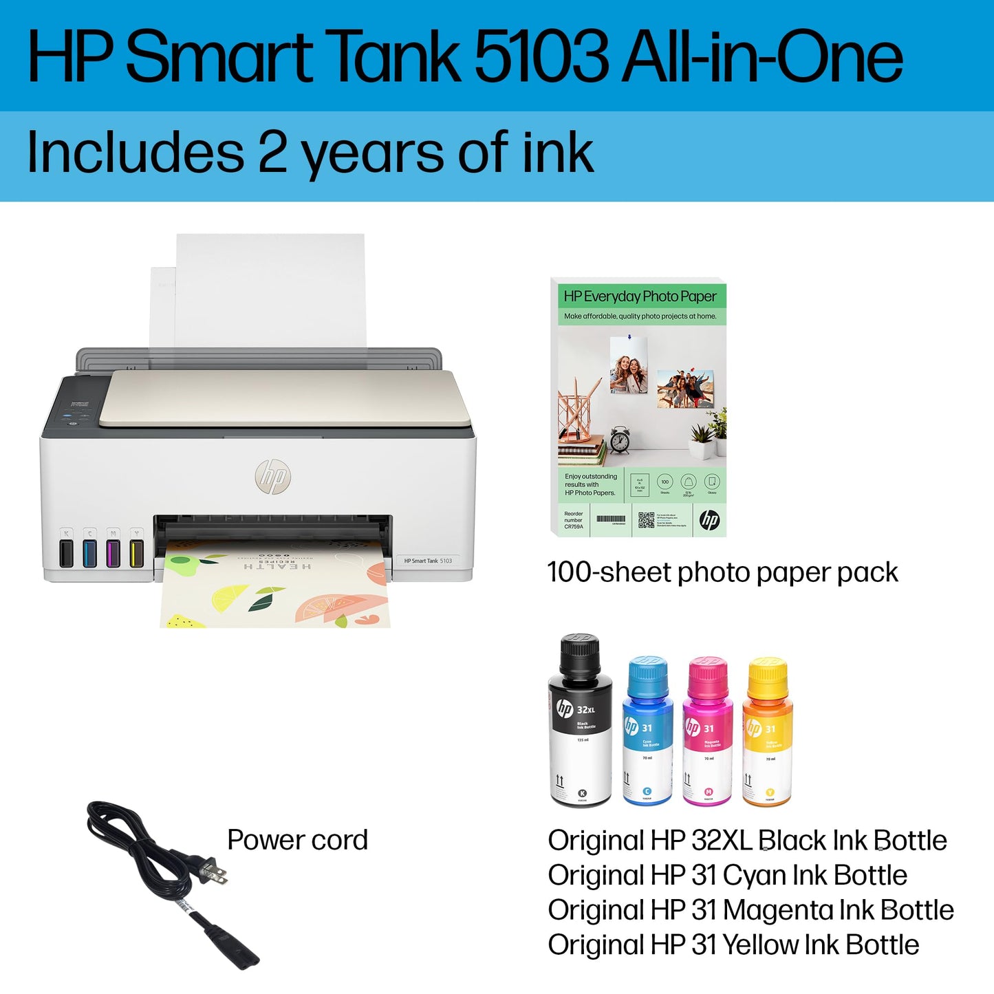 HP Smart Tank 5103 Wireless All-in-One Ink Tank Printer with 2 Years of Ink and 100sheets of Photo Paper Included, Print, scan, Copy, Best-for-Home, Refillable Ink Tank(5D1B2A)