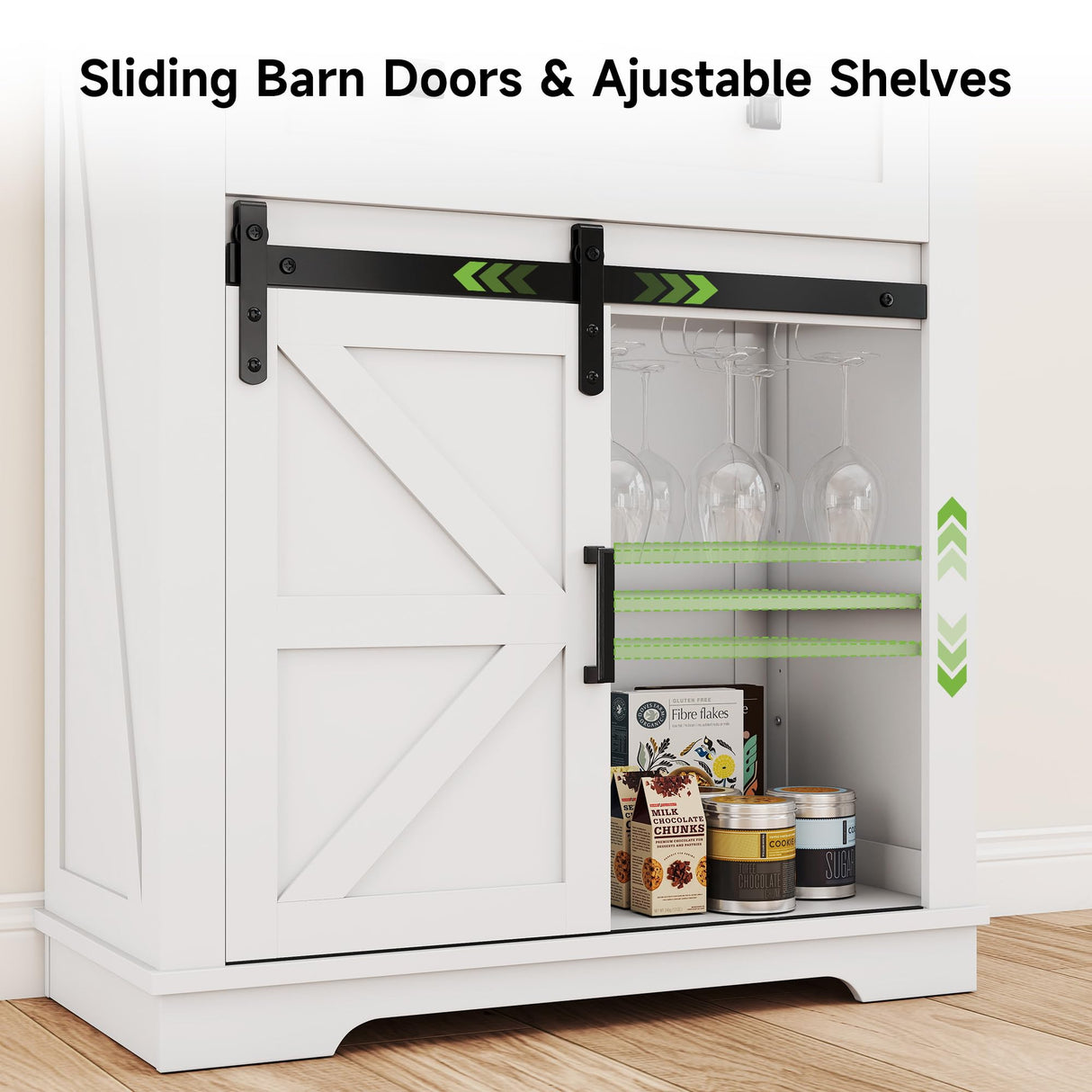 Real Relax Coffee Bar Cabinet, Farmhouse Sideboard Buffet Cabinets with Storage, Wine Glass Rack, Sliding Barn Door, Buffet Table for Kitchen, Dining Room, Entryway, White Real Relax
