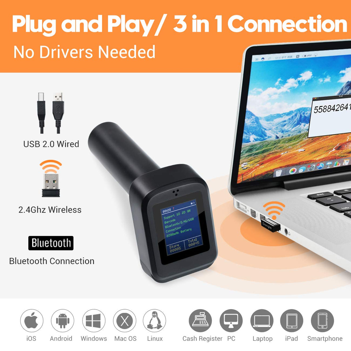 Tera Pro 1D 2D QR Wireless Barcode Scanner with Display Screen Battery Level Indicator Time Display Works with Bluetooth with Charging Cradle Base for Warehouse Supermarket Library HW0006 Pro Tera