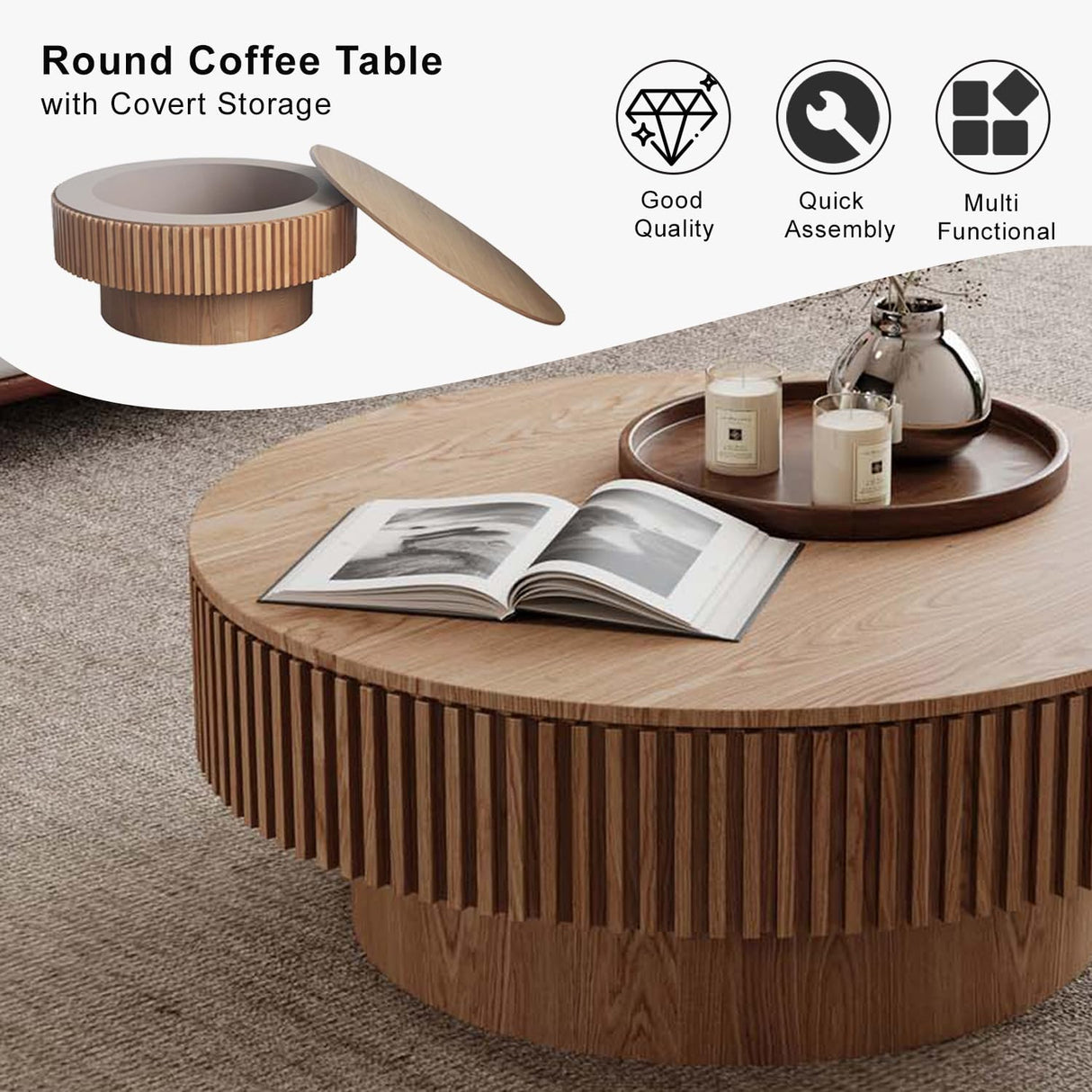 Round Coffee Table with Storage, Modern Wooden Coffee Table with Solid Wood Veneered, Circle Center Table Accent Tea Table for Living Room Apartment Small Space (31.5''L × 31.5''W × 14''H, Natural) FGXJY