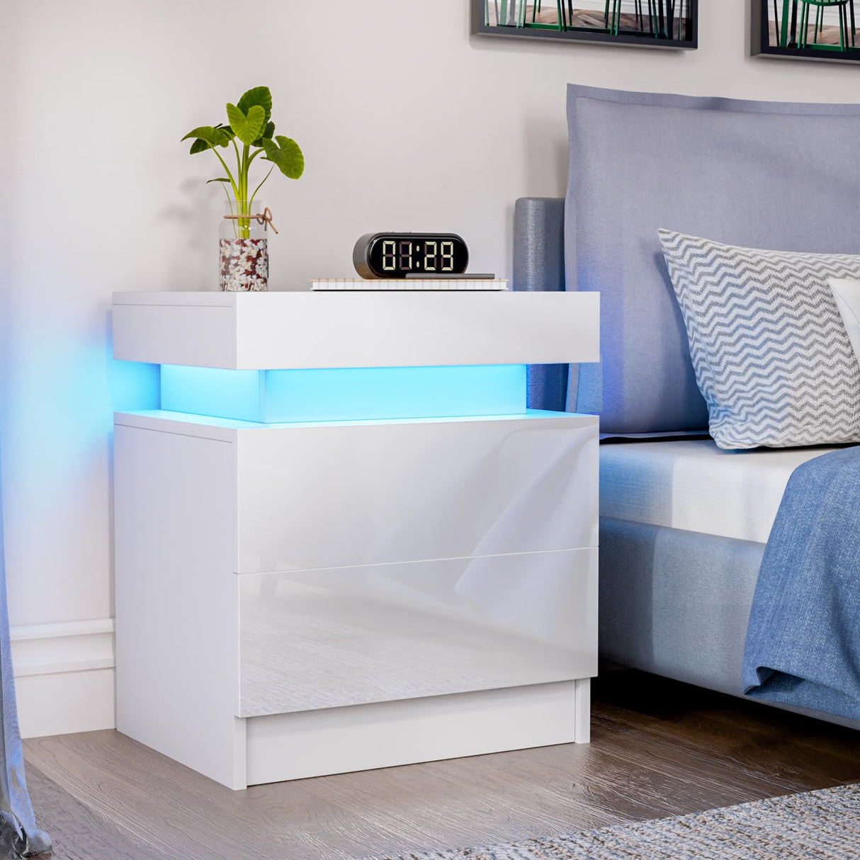 HOMMPA LED Nightstand White Nightstand with Led Lights Modern Night Stand with 2 High Gloss Drawers Led Bedside Table Smart Nightstand for Bedroom 20.5” Tall HOMMPA