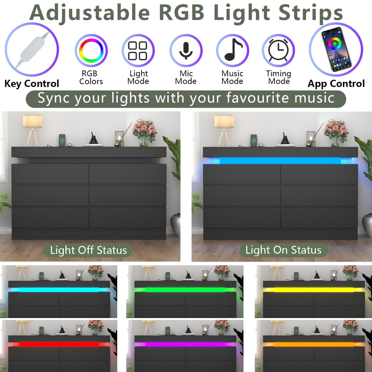 Gyfimoie 6 Drawer Dresser with Power Outlet, Black Dresser with LED Light, Modern Chest of Drawers for Closet, Double Wide Drawer Organizer Cabinet for Bedroom, Living Room, Entryway, Hallway (Black) Gyfimoie