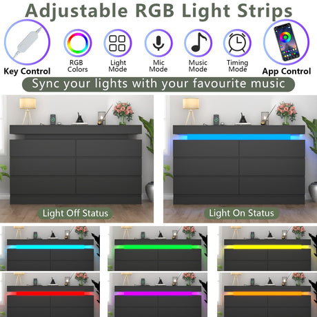 Gyfimoie 6 Drawer Dresser with Power Outlet, Black Dresser with LED Light, Modern Chest of Drawers for Closet, Double Wide Drawer Organizer Cabinet for Bedroom, Living Room, Entryway, Hallway (Black) Gyfimoie