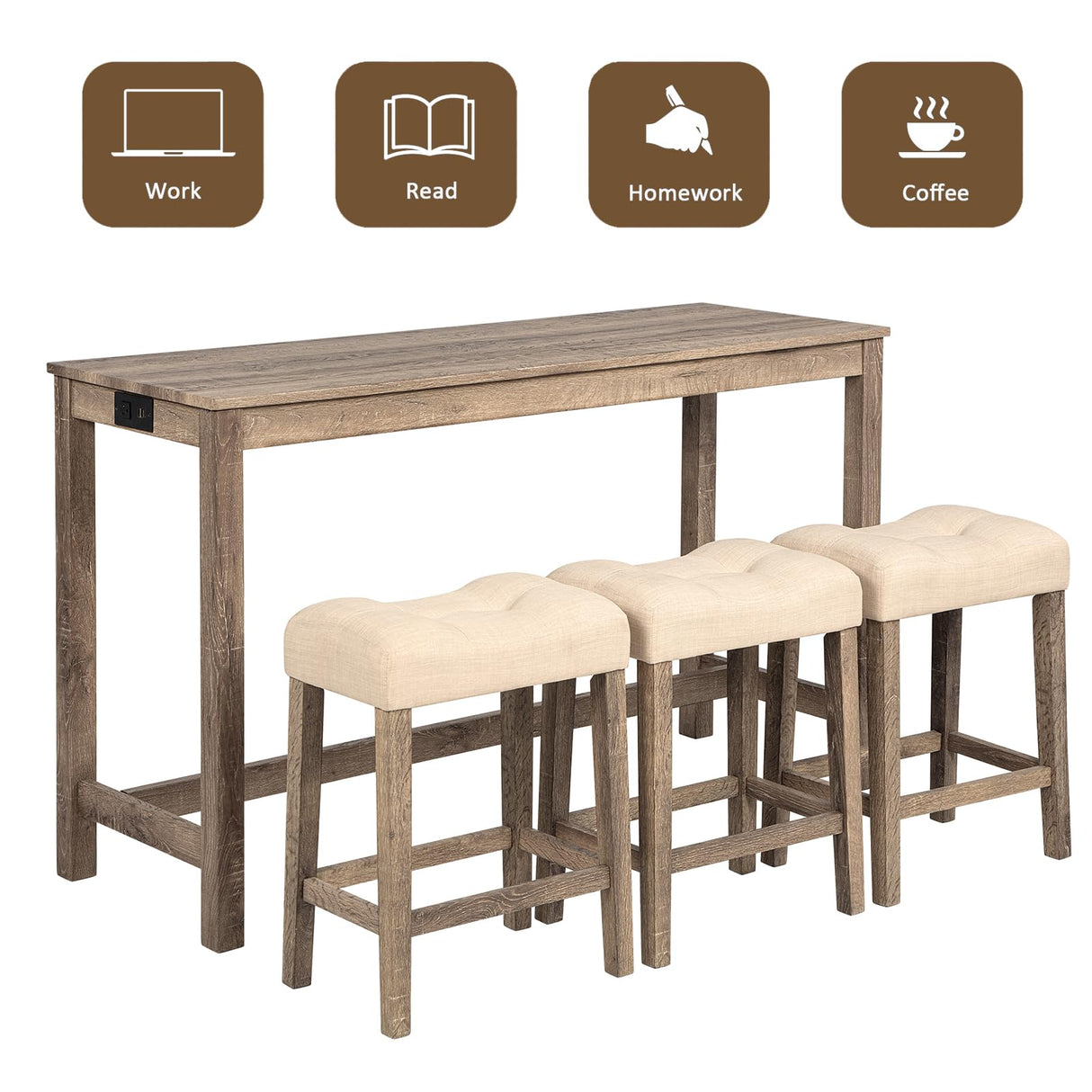 YWUFUART 59" Counter Height Bar Table Set with Power Outlet, Industrial Breakfast Table with 3 Padded Stools, 4 Piece Bar Table and Chairs Set for Living Room, Dining Room, Brown YWUFUART
