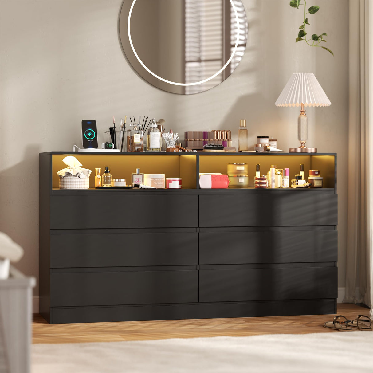 STIKELY 6 Drawer Dresser for Bedroom with Power Outlet, Black Dressers with LED Light, Dresser Chest of Drawers for Closet,Wooden Dressers Organizer Cabinet for Living Room,Entryway, Hallway STIKELY