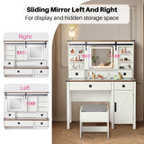 Redlife Farmhouse Vanity Desk with Mirror and Lights, 46" Vanity Set with Stool & Charging Station & Jewelry Cabinet - Makeup Vanity Desk with Glass Tabletop, 4 Drawers, Antique White Redlifeᅟᅠ