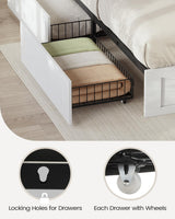 AOGLLATI Farmhouse King Bed Frame Bed Frame with 4 Storage Drawers and Led Lights, Wooden King Bed with Hidden Space Bookcase Headboard and Led Lights, White AOGLLATI