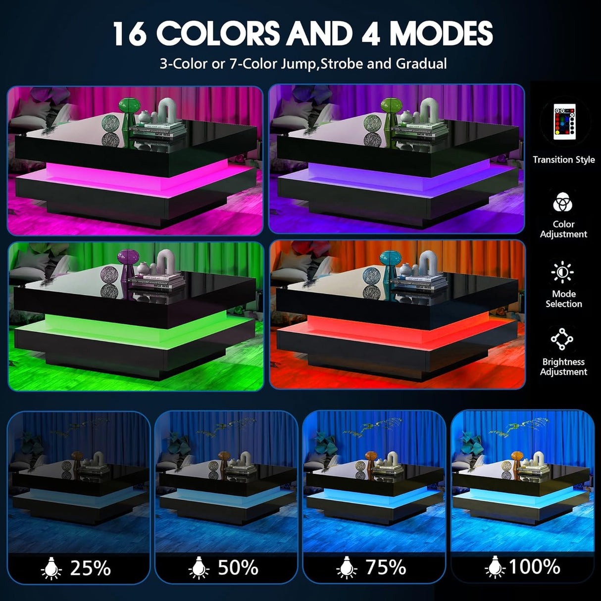Black LED Coffee Table, 2 Tier Square Coffee Table, High Gloss Coffee Table with 16 Colors LED Lights & Remote Control, Modern Coffee Table for Living Room, Party, Office, Reception realglow
