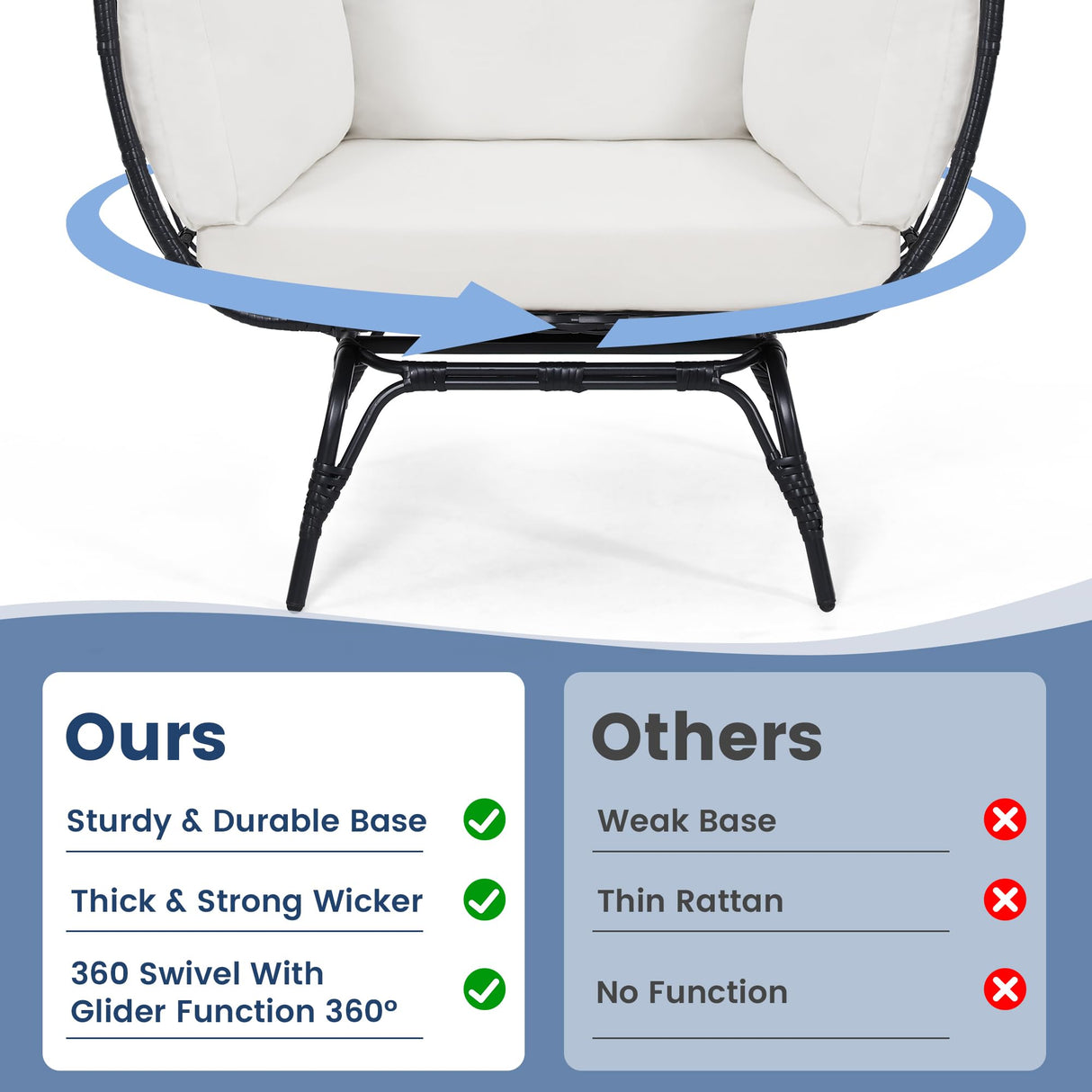 Murago Oversized 360 Swivel Rattan Egg Chair for Adult, Indoor Outdoor Patio Large Wicker Egg Chair with overstuffed Cushions, 440lb Weight Capacity, Black Rattan with Beige Cushion Murago