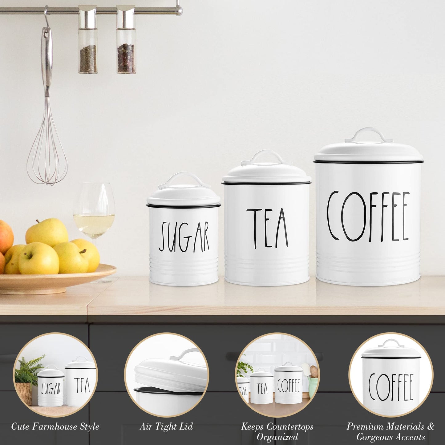 Brighter Barns Large Coffee Tea Sugar Canister Set Farmhouse Coffee Container Set - Large Airtight Food Storage Containers with Lids - Farmhouse Kitchen Decor - Coffee Station Decor & Accessories