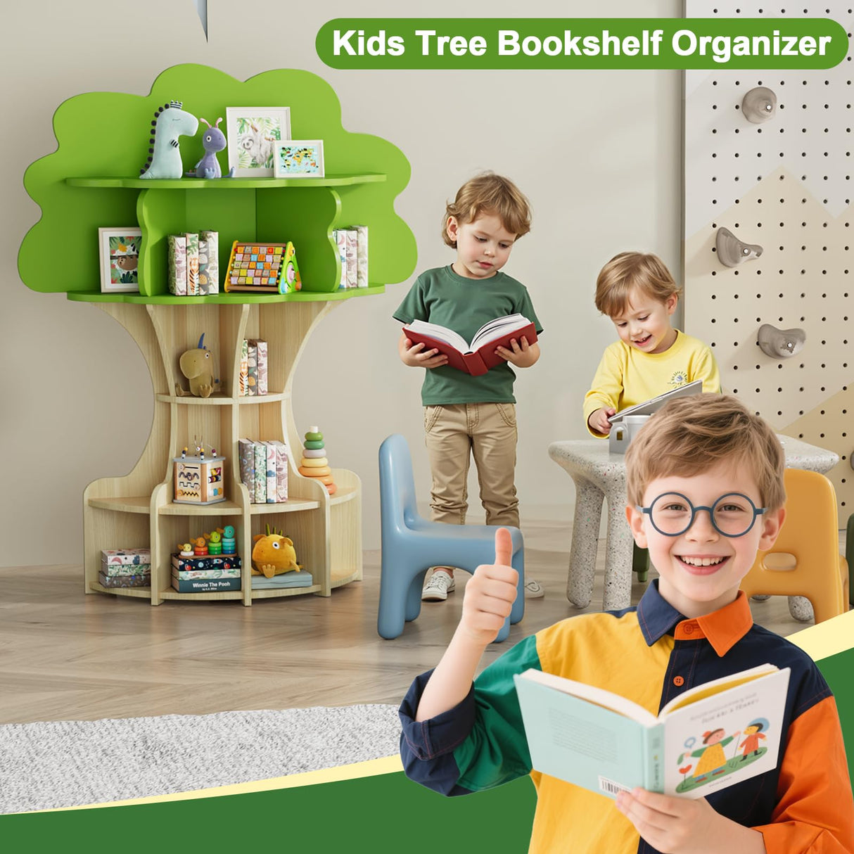 RUPOLX 5-Tier Tree Kids Bookshelf, Toddler Montessori Shelf Book Rack, Toy and Book Storage for Kids, Wooden Children's Bookcase, Toy Storage Organizer for Preschool, Kid Room, Playroom, Nursery-002 RUPOLX