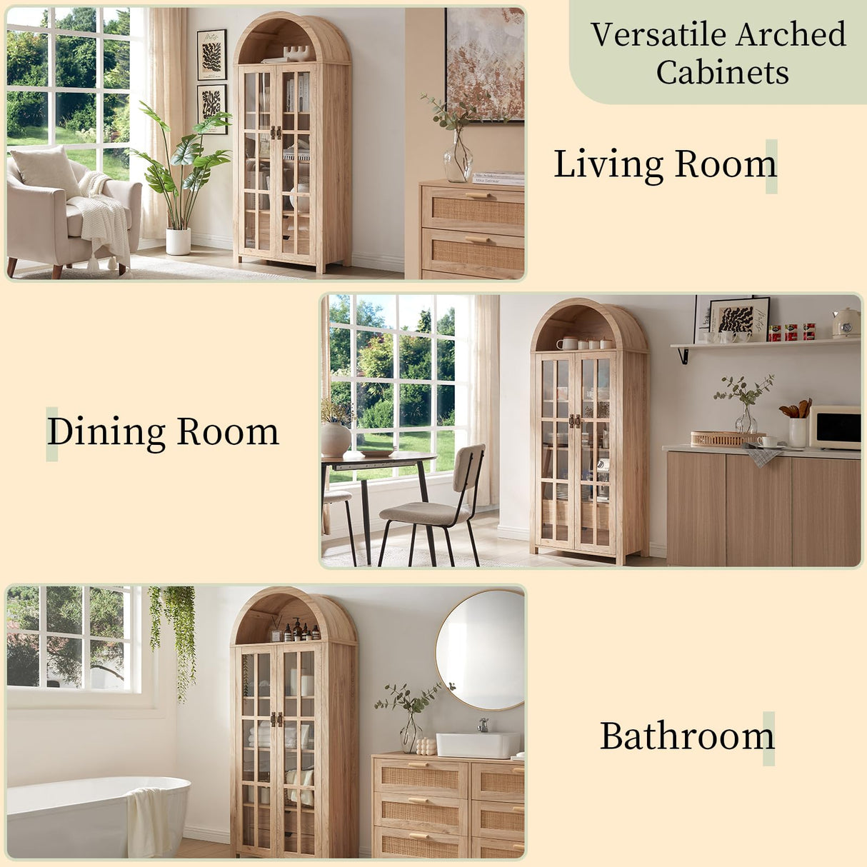 71" Tall Arched Kitchen Pantry Storage Cabinet with Glass Doors, 5 Tier Modern Bookshelf with 2 Drawers, Wooden Storage Cabinet with Doors and Shelves for Living & Dining Room, Bathroom, Laundry Room Okvnbjk