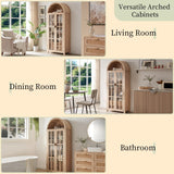 71" Tall Arched Kitchen Pantry Storage Cabinet with Glass Doors, 5 Tier Modern Bookshelf with 2 Drawers, Wooden Storage Cabinet with Doors and Shelves for Living & Dining Room, Bathroom, Laundry Room Okvnbjk