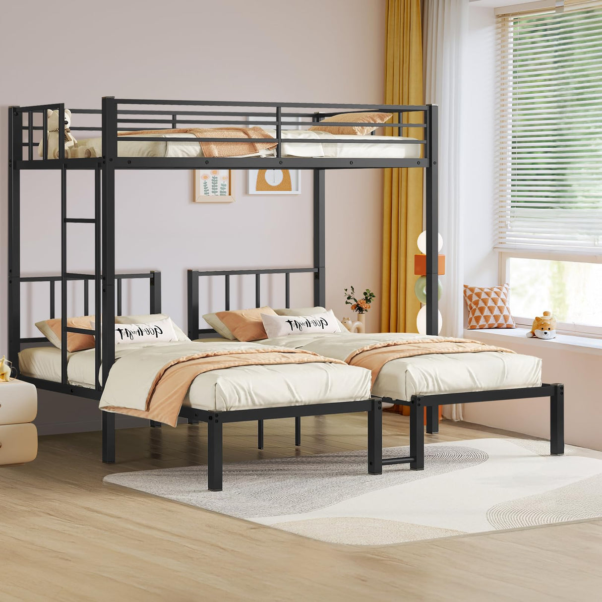 HKOLIE Detachable Triple Bunk Bed, Metal Bunk Bed for 3, with Guardrails, Ladder & Upper Bed Platform, Black, for Kids, Teens, and Adults, No Box Spring Needed HKOLIE