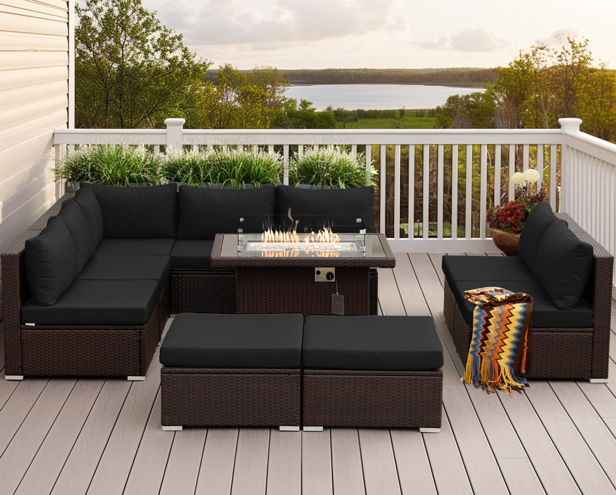 NICESOUL Outdoor Patio Furniture Set with Fire Pit Natural Gas/Propane, 29.3'' High-Back XL Large Conversations for Exteriors, 9-Seater Wide Deep Seating Rattan Sectional Sets, Brown and Black NICESOUL