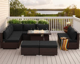 NICESOUL Outdoor Patio Furniture Set with Fire Pit Natural Gas/Propane, 29.3'' High-Back XL Large Conversations for Exteriors, 9-Seater Wide Deep Seating Rattan Sectional Sets, Brown and Black NICESOUL