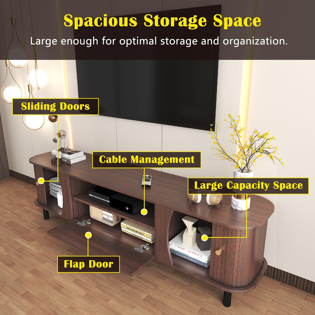 Fluted TV Stand - Modern Wooden Freestanding Entertainment Center Sliding Door TV Cabinet | Farmhouse Curved Round Edge TV and Media Console Table with Storage，Up to 80 inch TVS EXQUAL