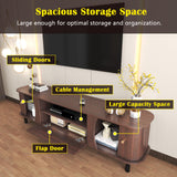 Fluted TV Stand - Modern Wooden Freestanding Entertainment Center Sliding Door TV Cabinet | Farmhouse Curved Round Edge TV and Media Console Table with Storage，Up to 80 inch TVS EXQUAL