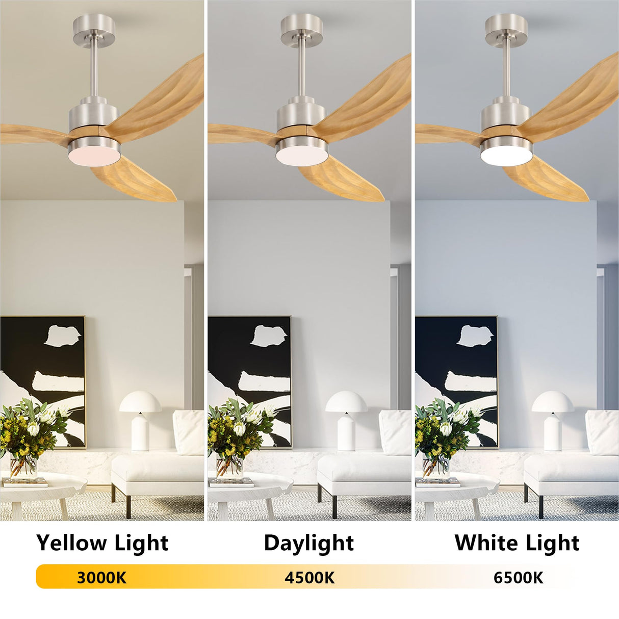 ELEHINSER 52" Wood Ceiling Fan with Lights and Remote Control, 3 Blades 6-Speed Dimmable Light Reversible DC Motor Ceiling fan for Kitchen Bedroom Dining Living Room, Wood Blades with Nickel ELEHINSER