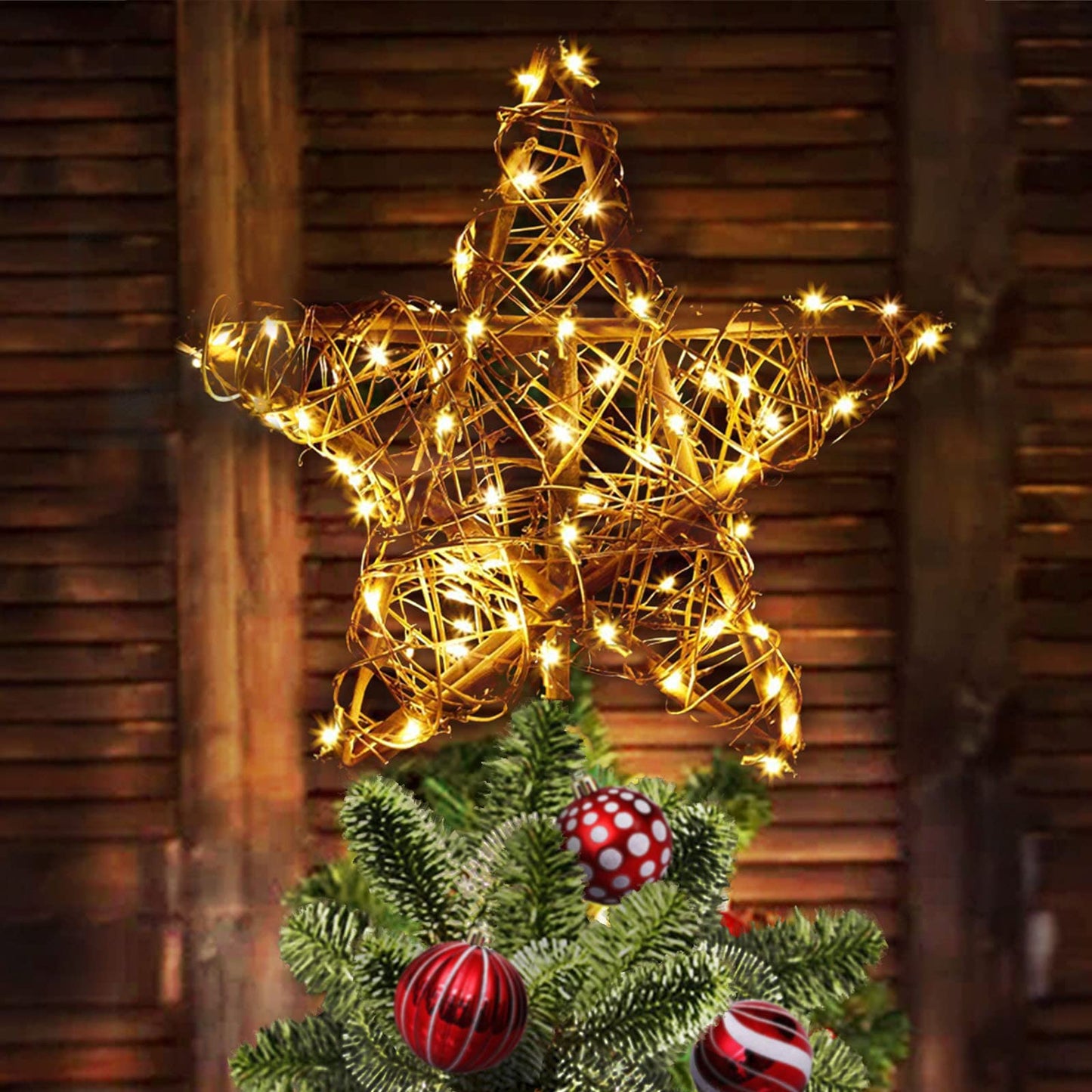 Star Christmas Tree Topper, Rattan Natural Christmas Tree Topper Lighted with 23Ft 30LED Warm White Battery Powered Copper Lights, Rustic Farmhouse Xmas Tree Topper Star Christmas Decorations