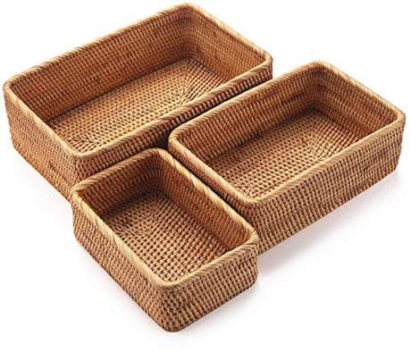 Natural Rattan Storage Baskets, Rectangular Woven Fruit Baskets, Wicker Decoration and Organizer for Bathroom, Living room (Set of 3) YANGQIHOME
