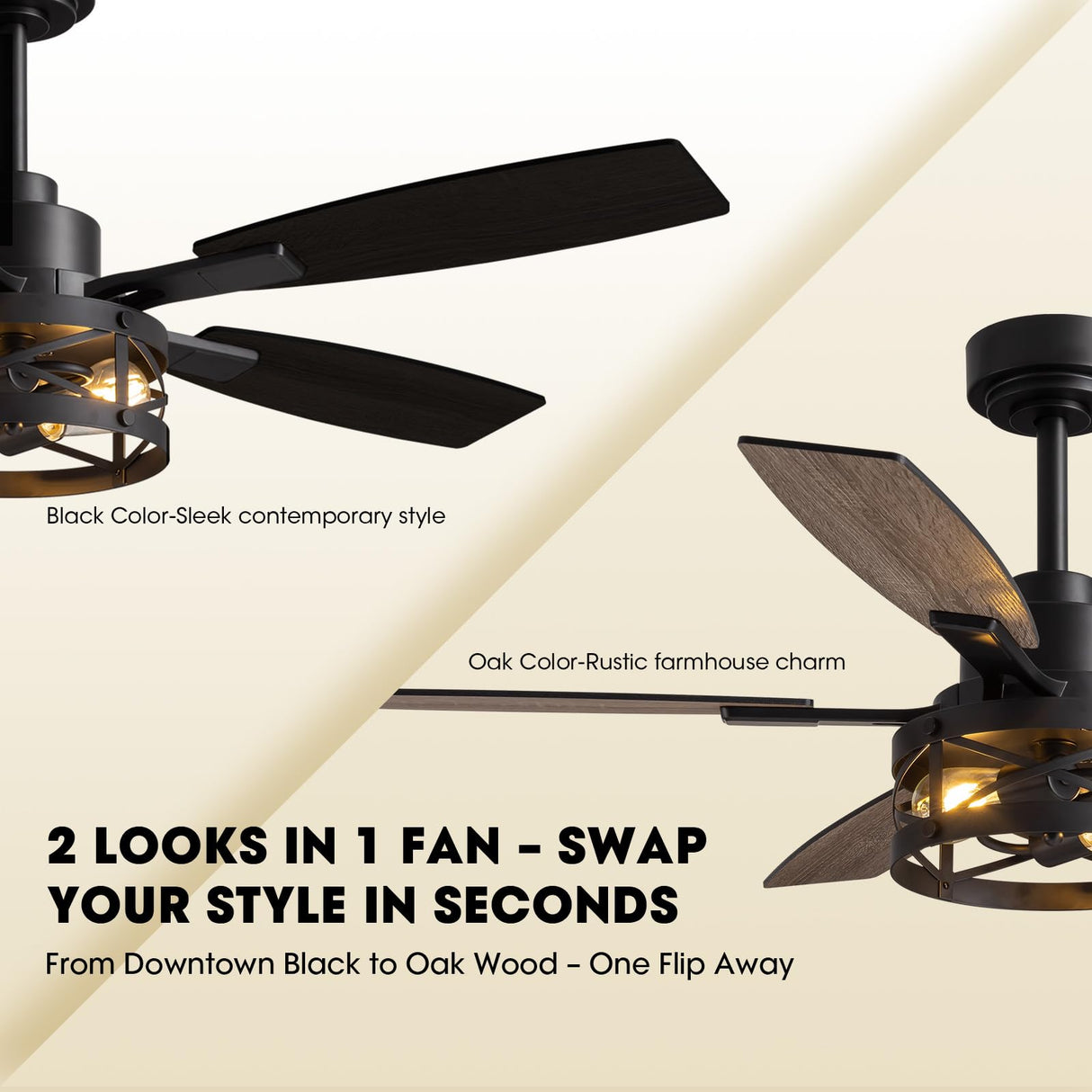 52 Inch Ceiling Fans with Lights and Remote & APP Control, Farmhouse Ceiling Fan with LED Lighting for Bedroom Living Room and Patio, Black Caged Ceiling Fan for Indoor and Outdoor(NO BULBS） YouthDream