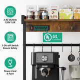 Kalrin Rustic Brown Large Bakers Rack with Power Outlets, Hooks, and Wire Baskets for Organised Kitchen Storage Kalrin